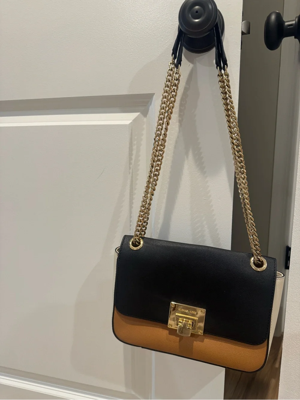 Michael Kors Black and Tan Chain Shoulder Bag with Gold Hardware